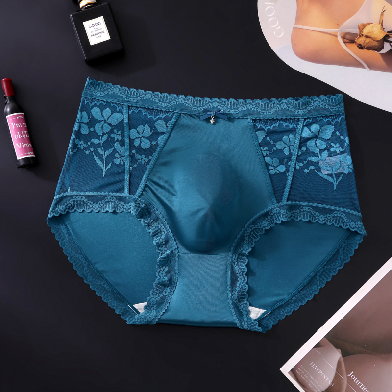 Slipuri bărbați din plasă ultrafina, margine din dantelă și design floral, stil franțuzesc sexy, talie medie