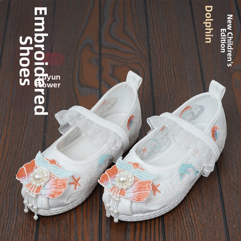 Dievčenské látkové topánky v štýle Hanfu s vyšívanými perlami a dizajnom inšpirovaným starým Pekingom