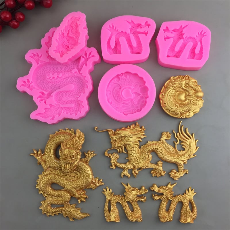Formă de silicon cu dragon în stil chinezesc, mai multe modele de dragon pentru marginile tortului, fondant și ciocolată