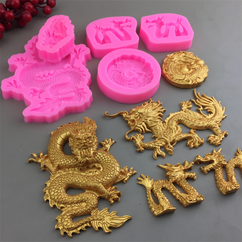 Formă de silicon cu dragon în stil chinezesc, mai multe modele de dragon pentru marginile tortului, fondant și ciocolată