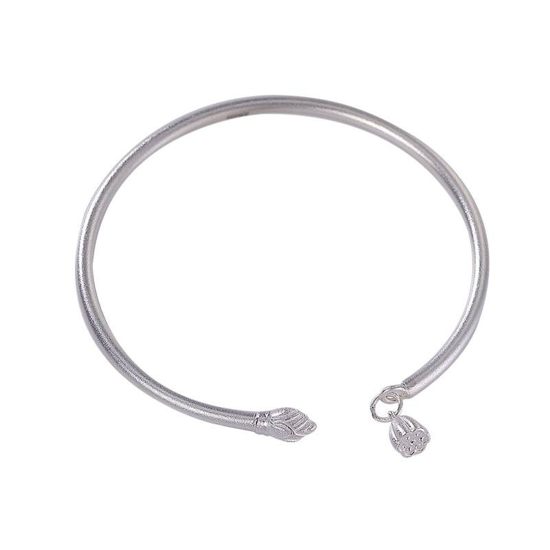 Brățară deschisă pentru femei din cupru alb placat cu argint, design cu bobul de lotus, stil antic, mat