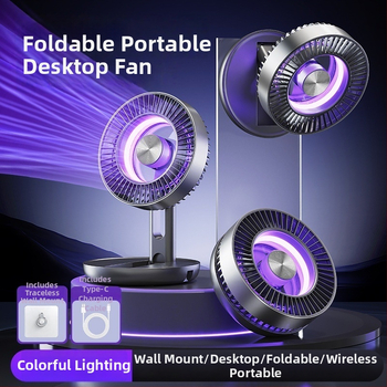 Ventilator de birou pliabil, portabil, cu lumini LED colorate, alimentare USB, baterie încorporată