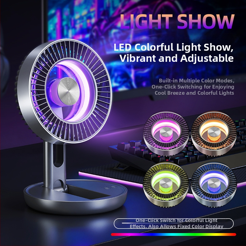 Ventilator de birou pliabil, portabil, cu lumini LED colorate, alimentare USB, baterie încorporată