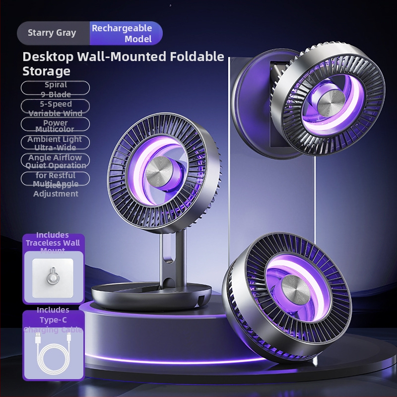 Ventilator de birou pliabil, portabil, cu lumini LED colorate, alimentare USB, baterie încorporată