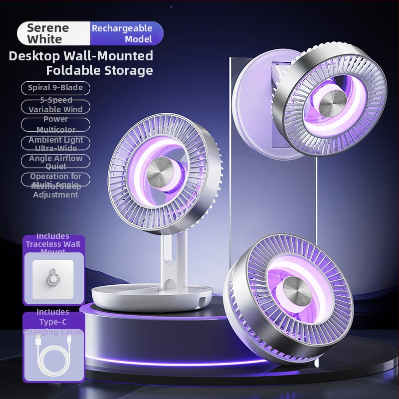 Ventilator de birou pliabil, portabil, cu lumini LED colorate, alimentare USB, baterie încorporată