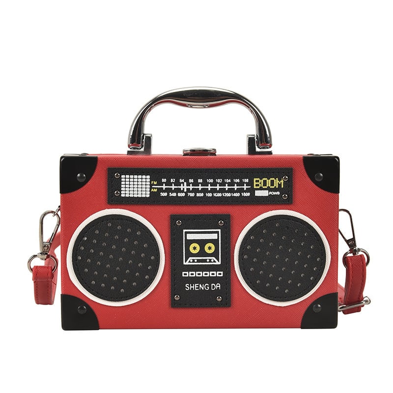 Geantă mică pătrată din PU, design retro radio, curea peste umăr/crossbody pentru uz zilnic
