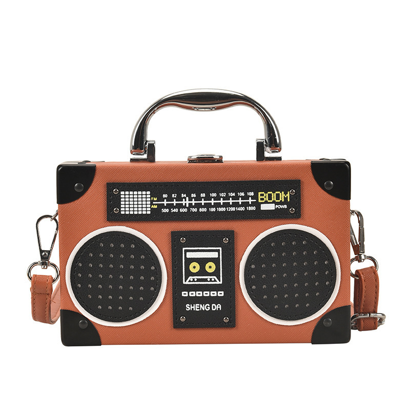 Geantă mică pătrată din PU, design retro radio, curea peste umăr/crossbody pentru uz zilnic