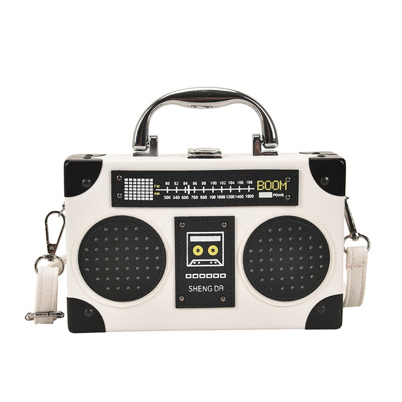 Geantă mică pătrată din PU, design retro radio, curea peste umăr/crossbody pentru uz zilnic