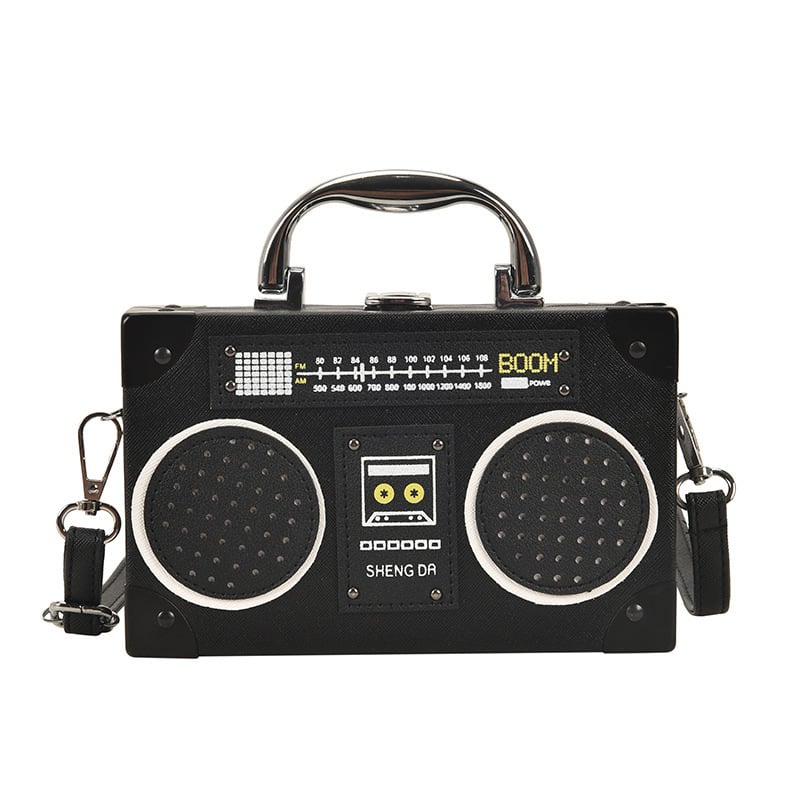 Geantă mică pătrată din PU, design retro radio, curea peste umăr/crossbody pentru uz zilnic