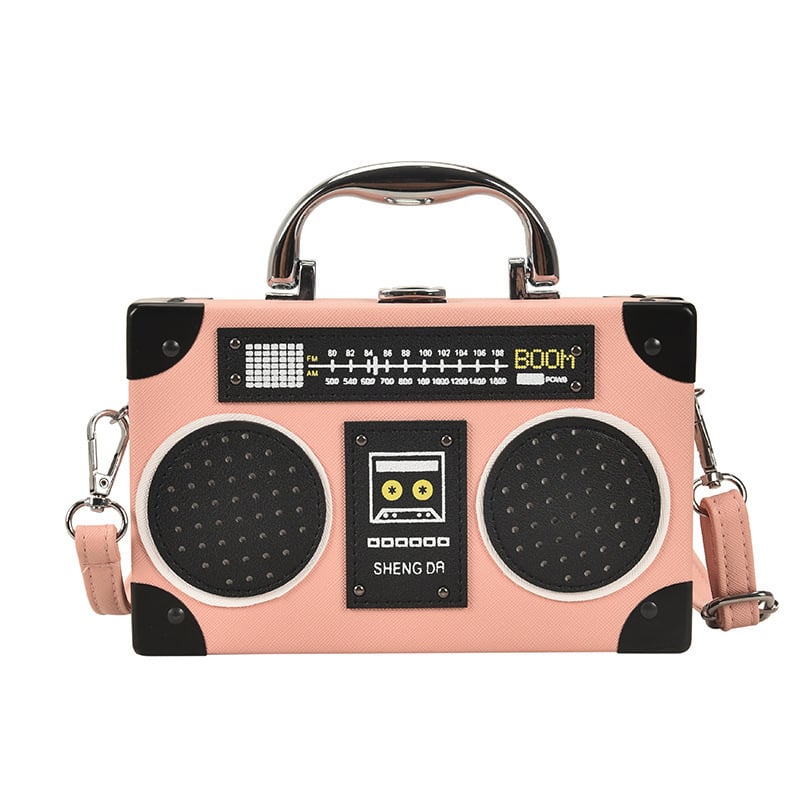 Geantă mică pătrată din PU, design retro radio, curea peste umăr/crossbody pentru uz zilnic