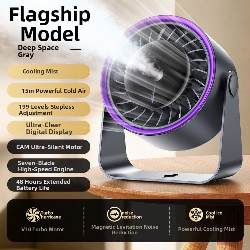 Ventilator de birou cu pulverizator răcoritor și senzație de gheață, USB, baterie încorporată, montaj pe perete, 6 palete