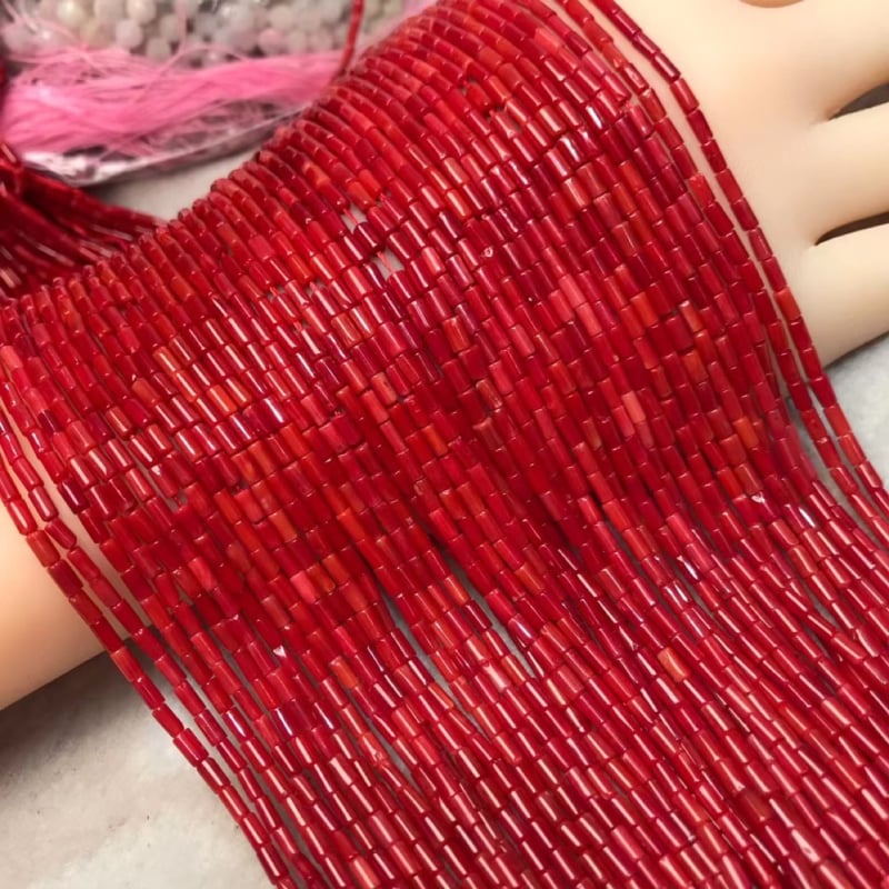 Mărgele cilindrice din coral roșu – mărgele semifinisate, libere, pentru bijuterii DIY: brățări, coliere și brățări de gleznă.