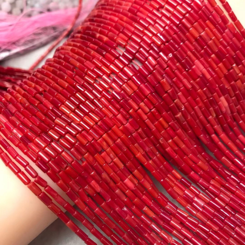 Mărgele cilindrice din coral roșu – mărgele semifinisate, libere, pentru bijuterii DIY: brățări, coliere și brățări de gleznă.