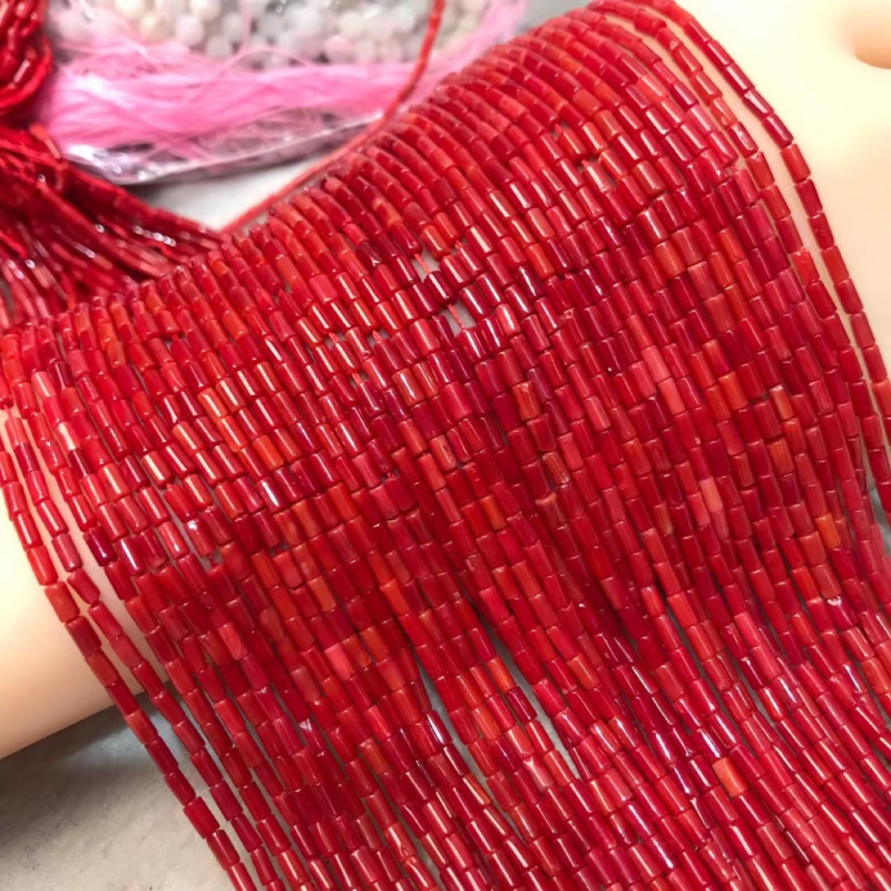 Mărgele cilindrice din coral roșu – mărgele semifinisate, libere, pentru bijuterii DIY: brățări, coliere și brățări de gleznă.