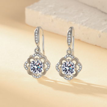 Cercei pentru femei, 1 carat, design floare cu pistil și trifoi cu patru foi, moissanit sintetic, stil elegant-lejer