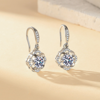 Cercei pentru femei, 1 carat, design floare cu pistil și trifoi cu patru foi, moissanit sintetic, stil elegant-lejer