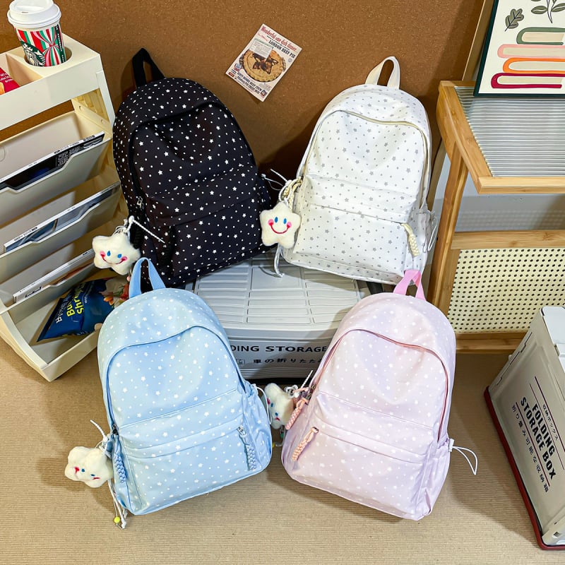 Rucsac școlar cu capacitate mare, stil Harajuku japonezo-coreean, din pânză, cu motiv păpușă pluș cu buline, unisex