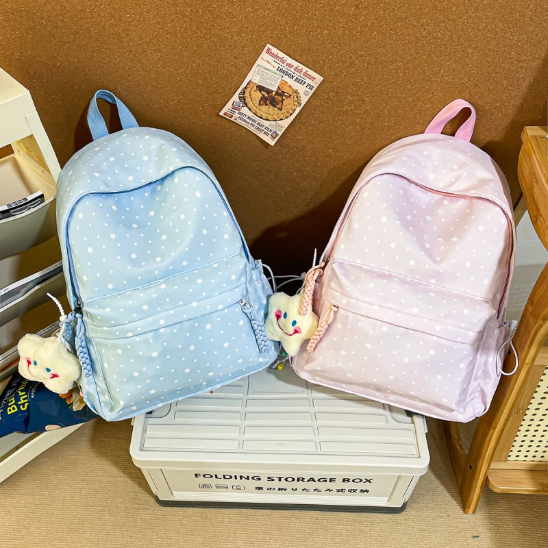 Rucsac școlar cu capacitate mare, stil Harajuku japonezo-coreean, din pânză, cu motiv păpușă pluș cu buline, unisex