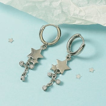 Cercei cu picătură de diamant încrustat și ciucuri, motiv stea dublă, design lung, feminin, stil indie academic