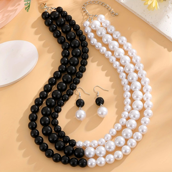 Set de cercei și colier cu perle artificiale, negru și alb, design în stil stacking pentru femei