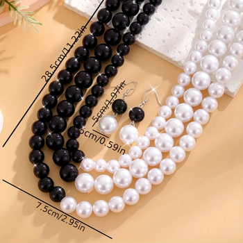 Set de cercei și colier cu perle artificiale, negru și alb, design în stil stacking pentru femei