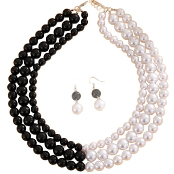 Set de cercei și colier cu perle artificiale, negru și alb, design în stil stacking pentru femei