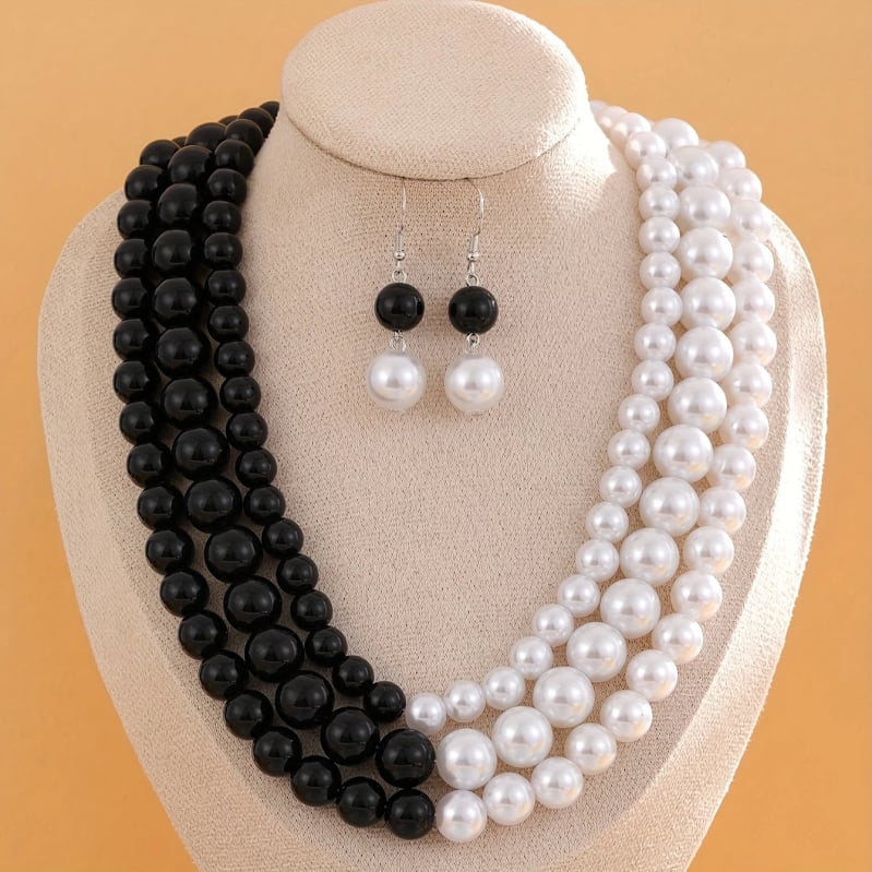 Set de cercei și colier cu perle artificiale, negru și alb, design în stil stacking pentru femei