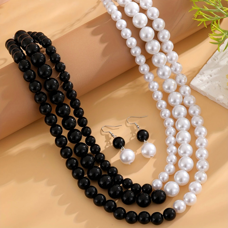 Set de cercei și colier cu perle artificiale, negru și alb, design în stil stacking pentru femei