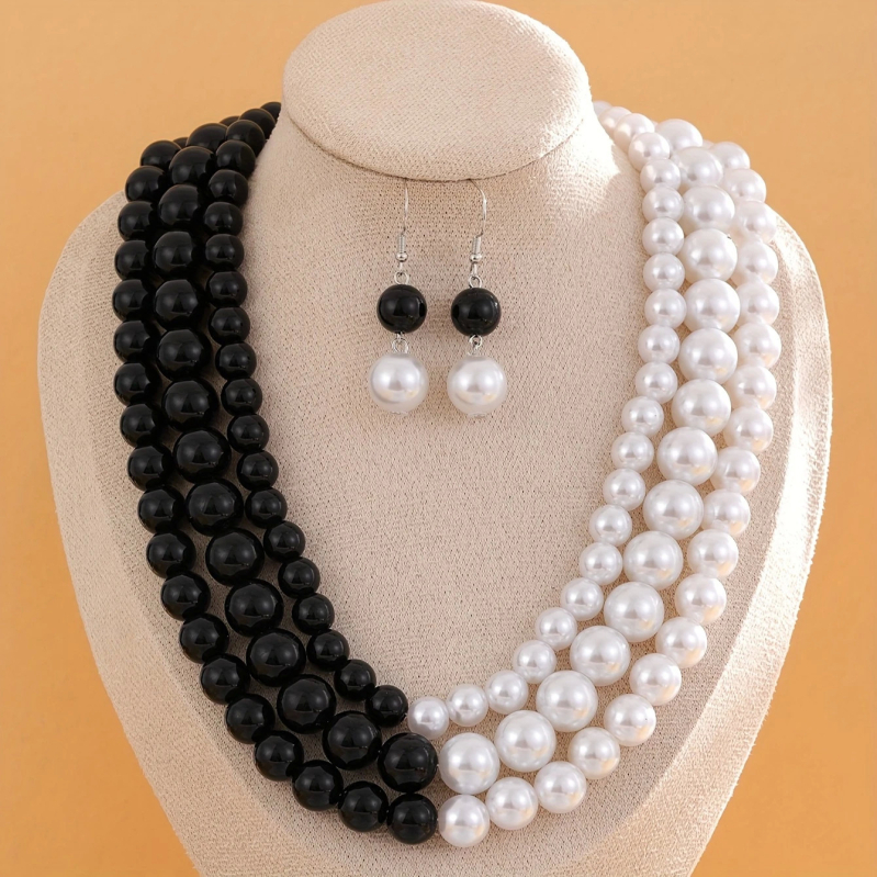 Set de cercei și colier cu perle artificiale, negru și alb, design în stil stacking pentru femei
