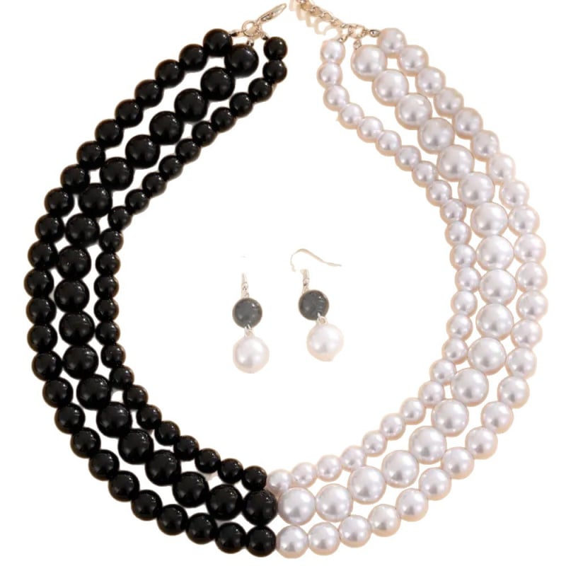 Set de cercei și colier cu perle artificiale, negru și alb, design în stil stacking pentru femei