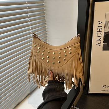 Geantă ușoară de vară, cu ciucuri și nituri metalice, design retro tip șa, mică geantă pătrată pentru umăr/crossbody