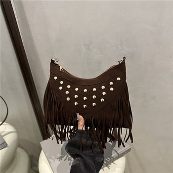 Geantă ușoară de vară, cu ciucuri și nituri metalice, design retro tip șa, mică geantă pătrată pentru umăr/crossbody