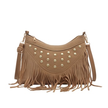 Geantă ușoară de vară, cu ciucuri și nituri metalice, design retro tip șa, mică geantă pătrată pentru umăr/crossbody