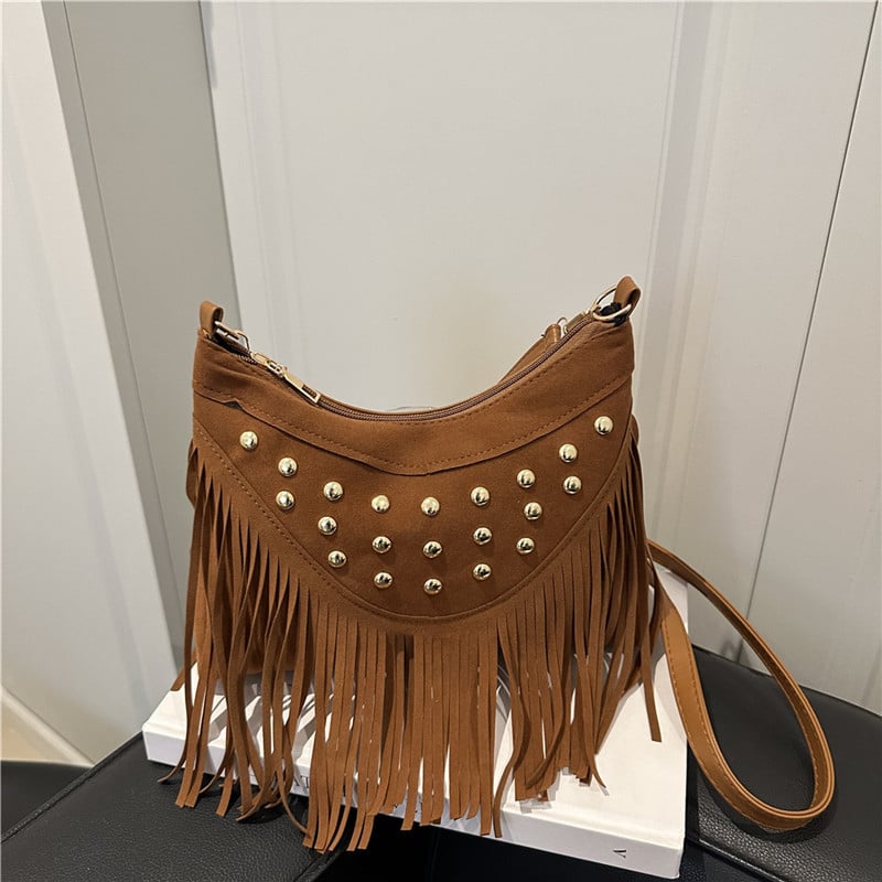 Geantă ușoară de vară, cu ciucuri și nituri metalice, design retro tip șa, mică geantă pătrată pentru umăr/crossbody