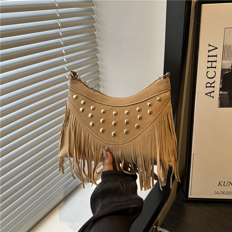 Geantă ușoară de vară, cu ciucuri și nituri metalice, design retro tip șa, mică geantă pătrată pentru umăr/crossbody