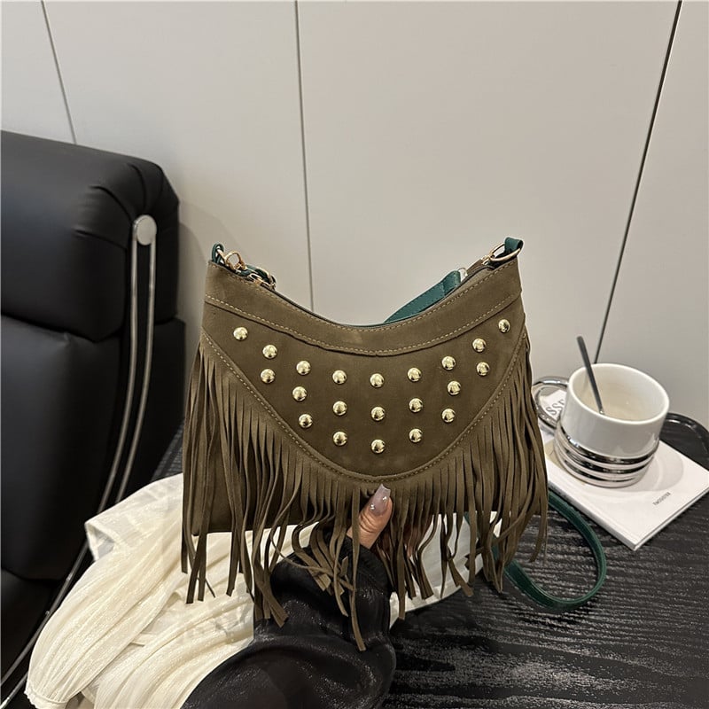 Geantă ușoară de vară, cu ciucuri și nituri metalice, design retro tip șa, mică geantă pătrată pentru umăr/crossbody