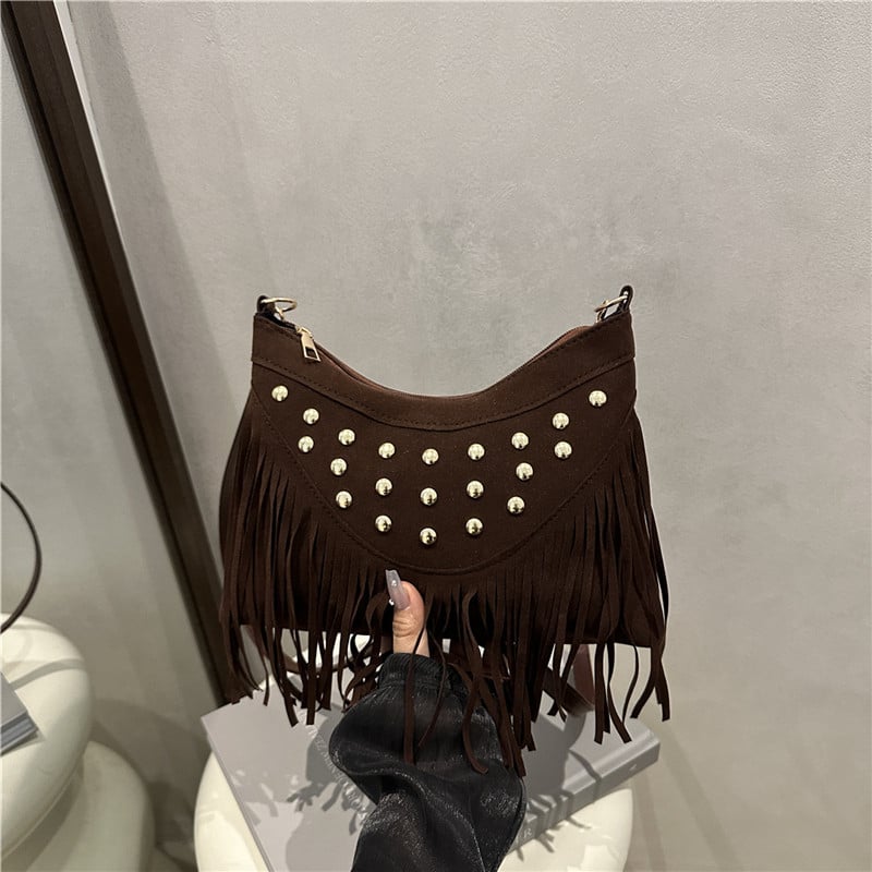 Geantă ușoară de vară, cu ciucuri și nituri metalice, design retro tip șa, mică geantă pătrată pentru umăr/crossbody