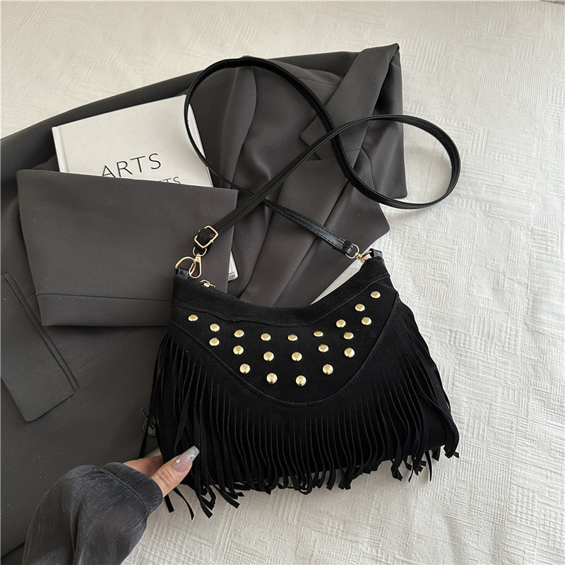 Geantă ușoară de vară, cu ciucuri și nituri metalice, design retro tip șa, mică geantă pătrată pentru umăr/crossbody