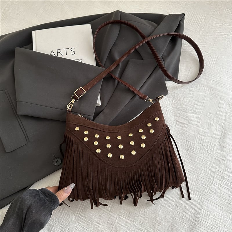Geantă ușoară de vară, cu ciucuri și nituri metalice, design retro tip șa, mică geantă pătrată pentru umăr/crossbody