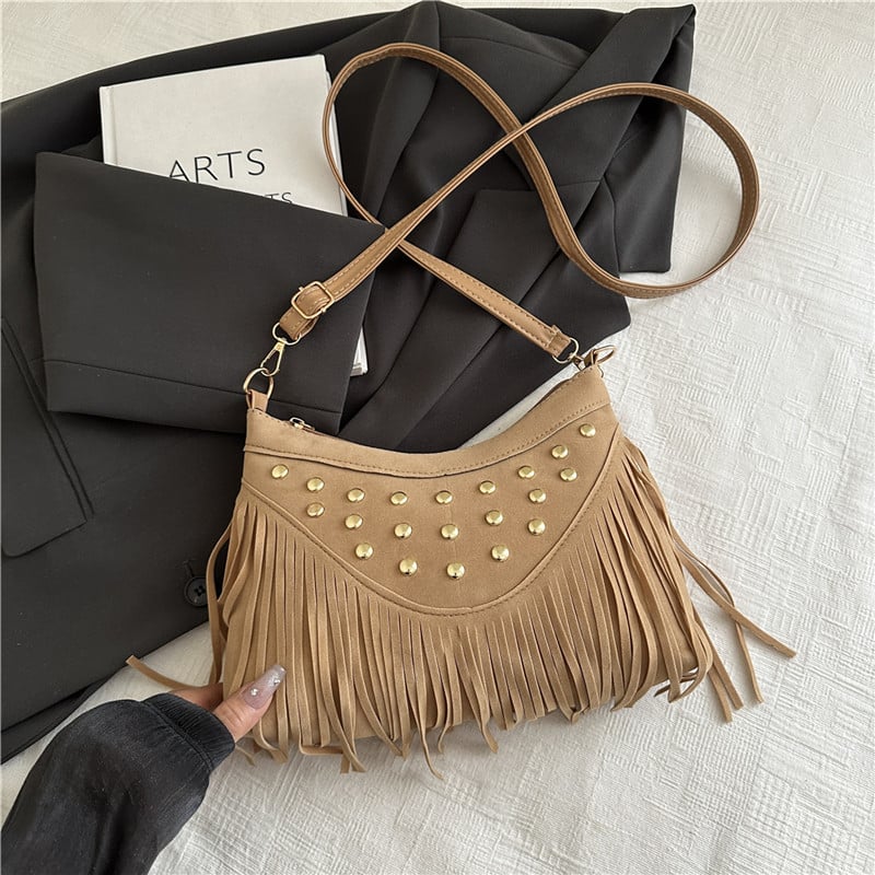 Geantă ușoară de vară, cu ciucuri și nituri metalice, design retro tip șa, mică geantă pătrată pentru umăr/crossbody