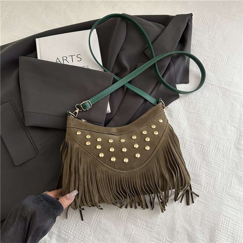 Geantă ușoară de vară, cu ciucuri și nituri metalice, design retro tip șa, mică geantă pătrată pentru umăr/crossbody
