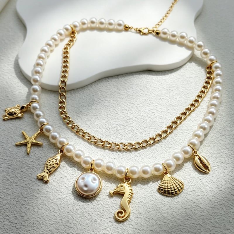 Colier cu două straturi, perle lucioase, temă oceanică, în stil european-american, finisaj auriu vintage, bijuterie ușoară pentru vacanță