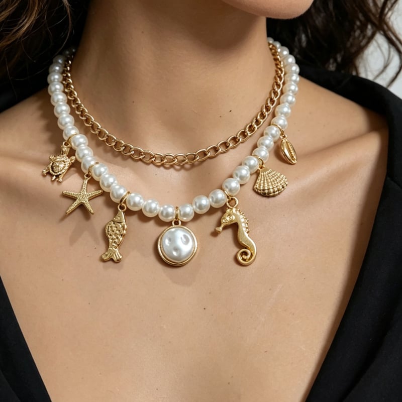 Colier cu două straturi, perle lucioase, temă oceanică, în stil european-american, finisaj auriu vintage, bijuterie ușoară pentru vacanță