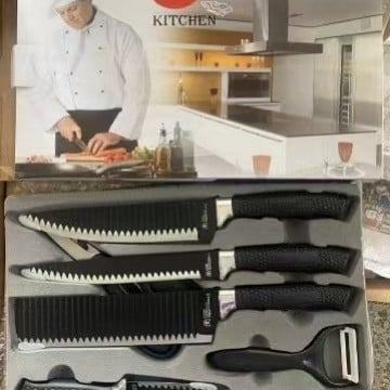 Set de cuțite din oțel inoxidabil, cu mâner din plasă negru în model valuri, cuțite antiaderente, set cadou cu șase piese