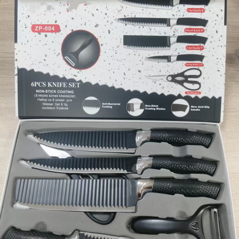 Set de cuțite din oțel inoxidabil, cu mâner din plasă negru în model valuri, cuțite antiaderente, set cadou cu șase piese
