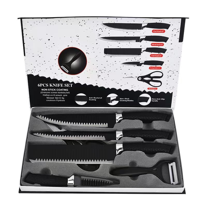 Set de cuțite din oțel inoxidabil, cu mâner din plasă negru în model valuri, cuțite antiaderente, set cadou cu șase piese