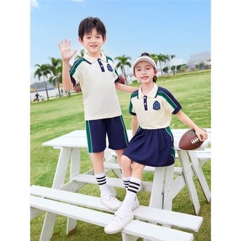 Set de uniformă școlară din bumbac pur pentru grădiniță și elevi din primar – tricou cu mânecă scurtă, stil sport, pentru fotografii de absolvire