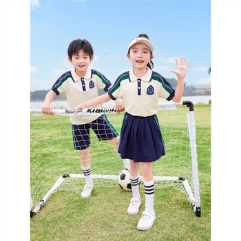 Set de uniformă școlară din bumbac pur pentru grădiniță și elevi din primar – tricou cu mânecă scurtă, stil sport, pentru fotografii de absolvire