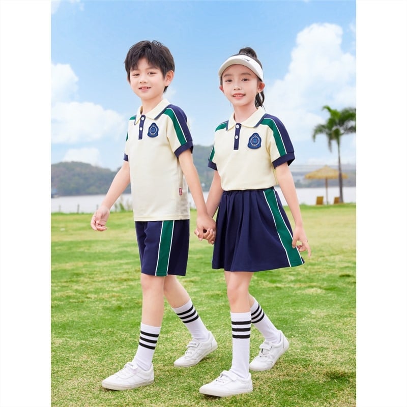 Set de uniformă școlară din bumbac pur pentru grădiniță și elevi din primar – tricou cu mânecă scurtă, stil sport, pentru fotografii de absolvire