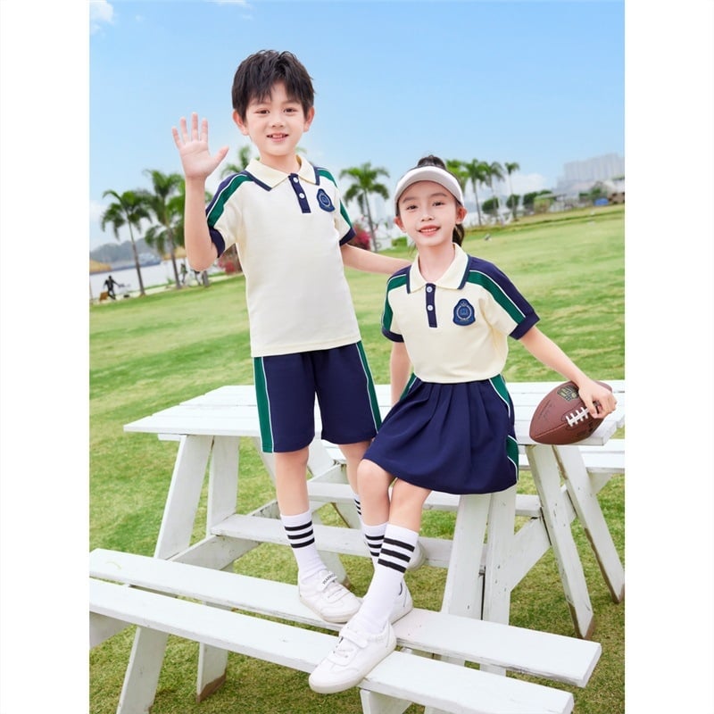 Set de uniformă școlară din bumbac pur pentru grădiniță și elevi din primar – tricou cu mânecă scurtă, stil sport, pentru fotografii de absolvire